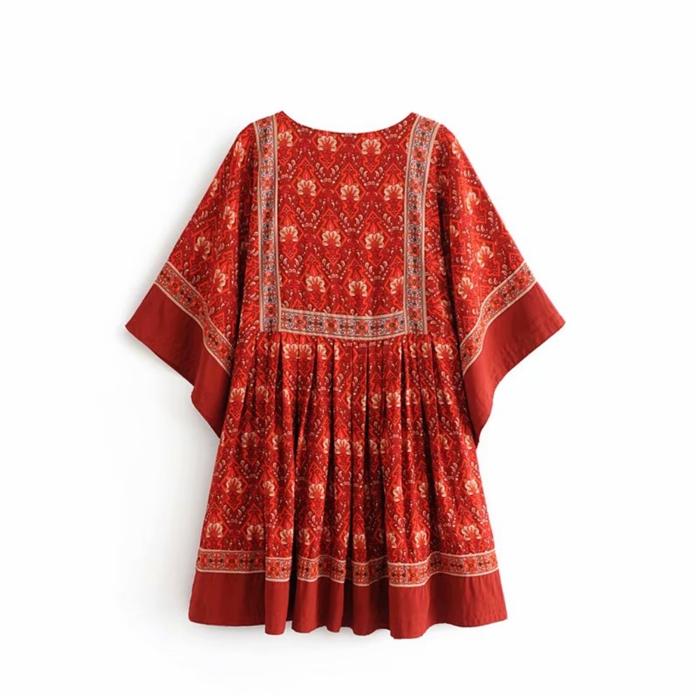 Bohemian Red floral Print Babydoll Mini Dress - Picture 4 of 9